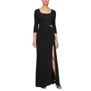 NWT Alex Evenings 3/4 Sleeve Gown Square Neck Side Slit Dress Black Metallic 16